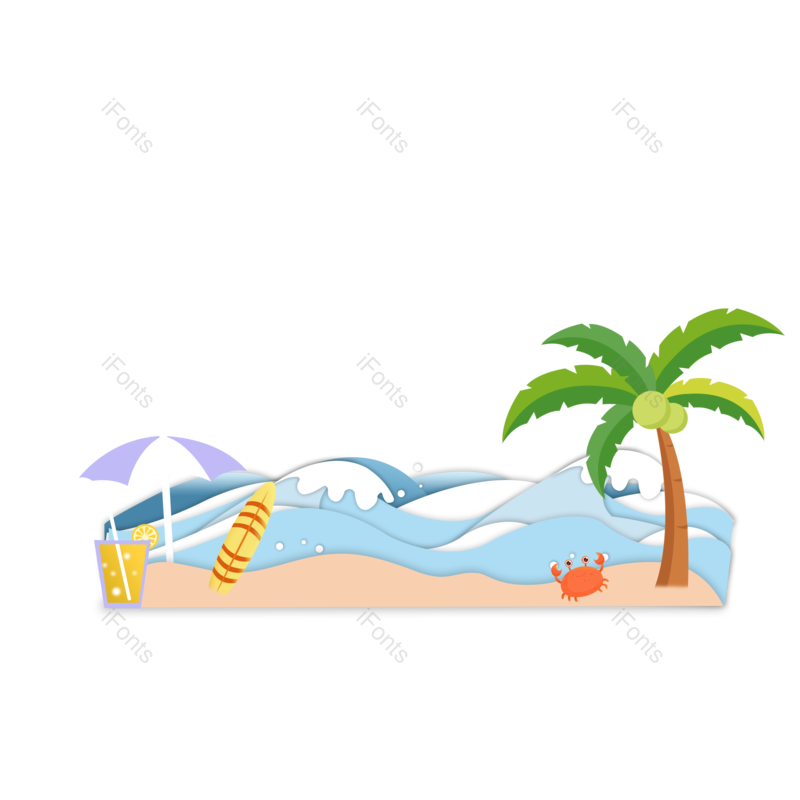 夏至图片,海边元素,剪纸风PNG,度假免抠素材